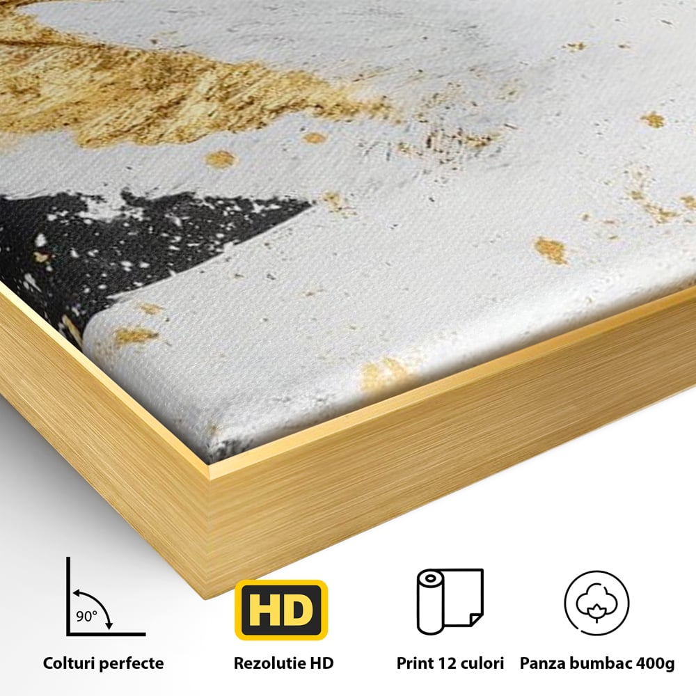 Detaliu al suprafetei: tablou canvas cu lebada si auriu, in rama de aluminiu auriu